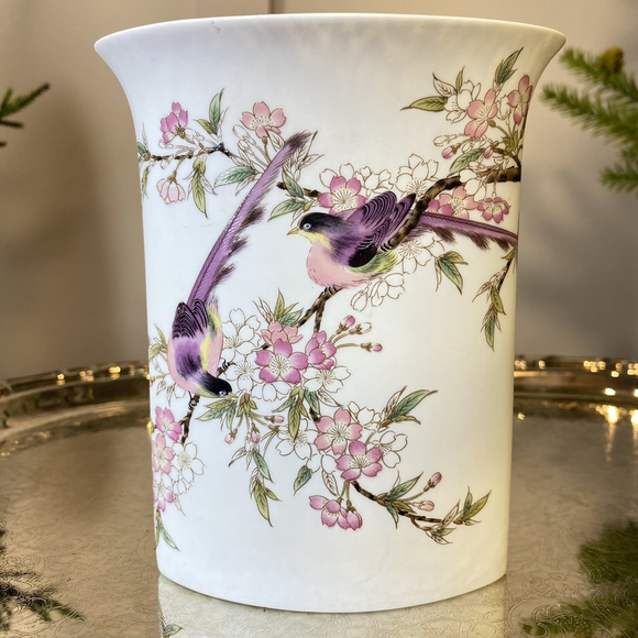 Vtg Unique Shaped Japan Vase Birds Perched On a Cherry Tree Branch Hand Painted - Picture 10 of 10